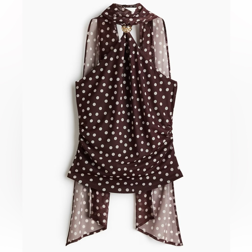 H&M Polka Dot MESH HALTERNECK TOP dark brown